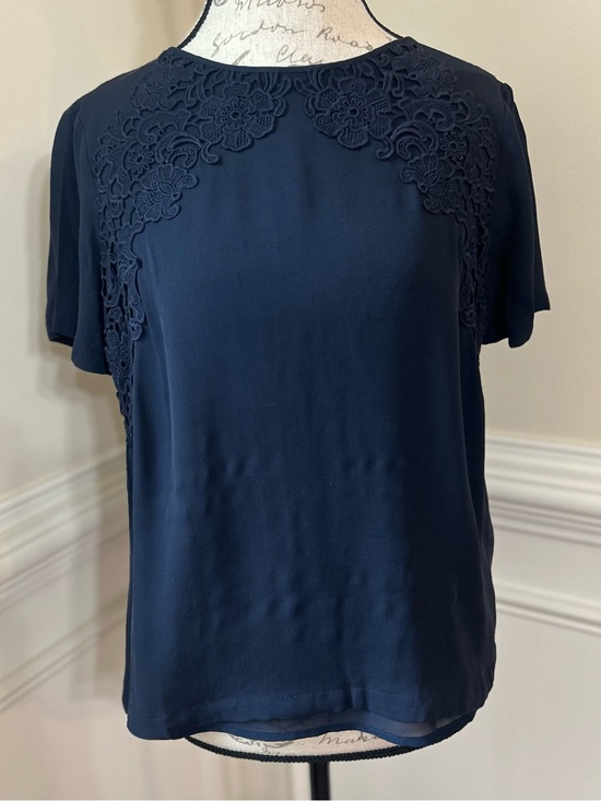 Tory Burch Tops - Tory Burch Navy Short Sleeve Blouse with Lace Yoke